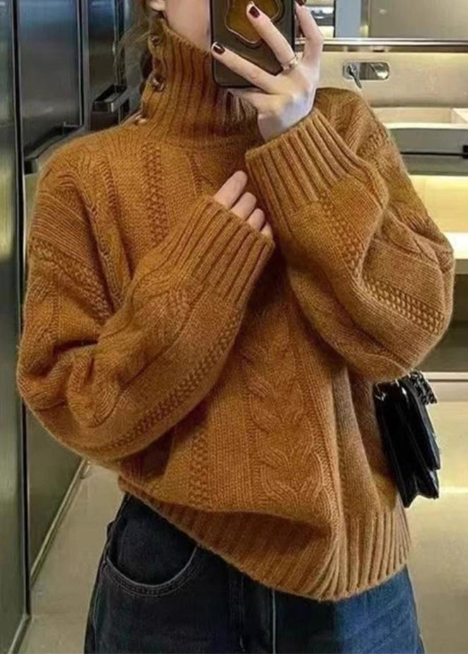 Apricot Turtleneck Thick Cable Knit Sweater Spring