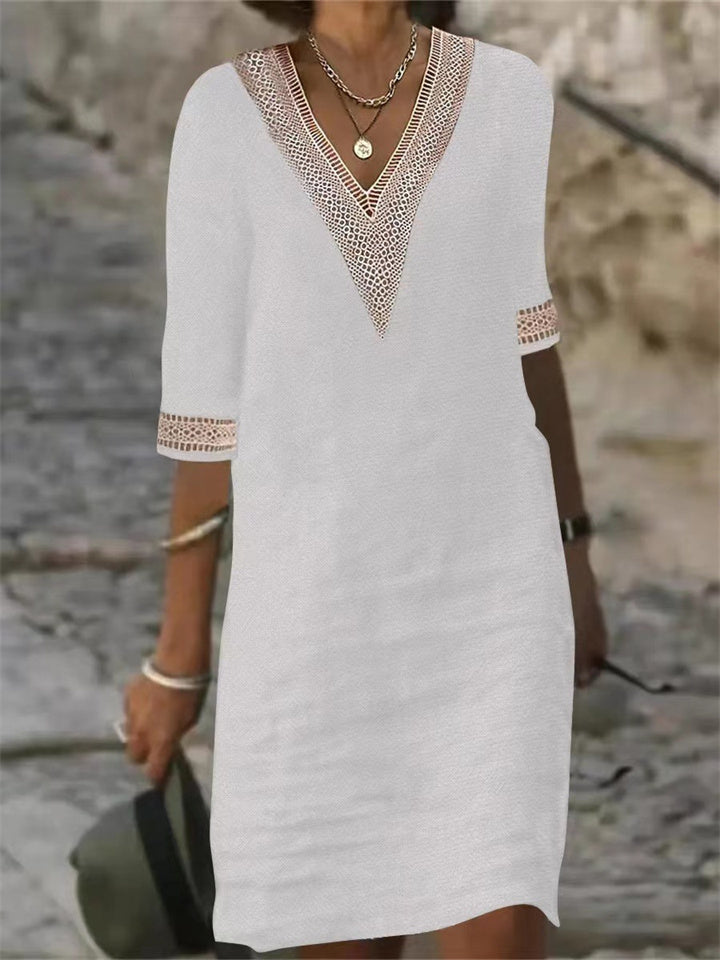 Colour V-neck Lace Trimmed Mid-sleeved Cotton and Linen Dress