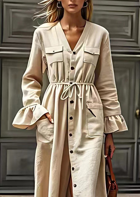Beige V Neck Drawstring Pockets Cotton Dresses Long Sleeve