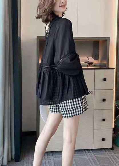 Black V Neck Hollow Out Patchwork Lace Shirt Three Quarter Sleeve