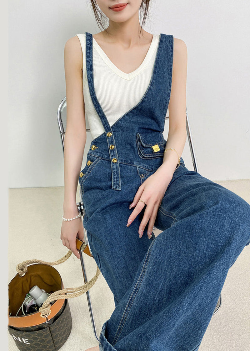 Navy Asymmetrical Design Denim Jumpsuits Summer