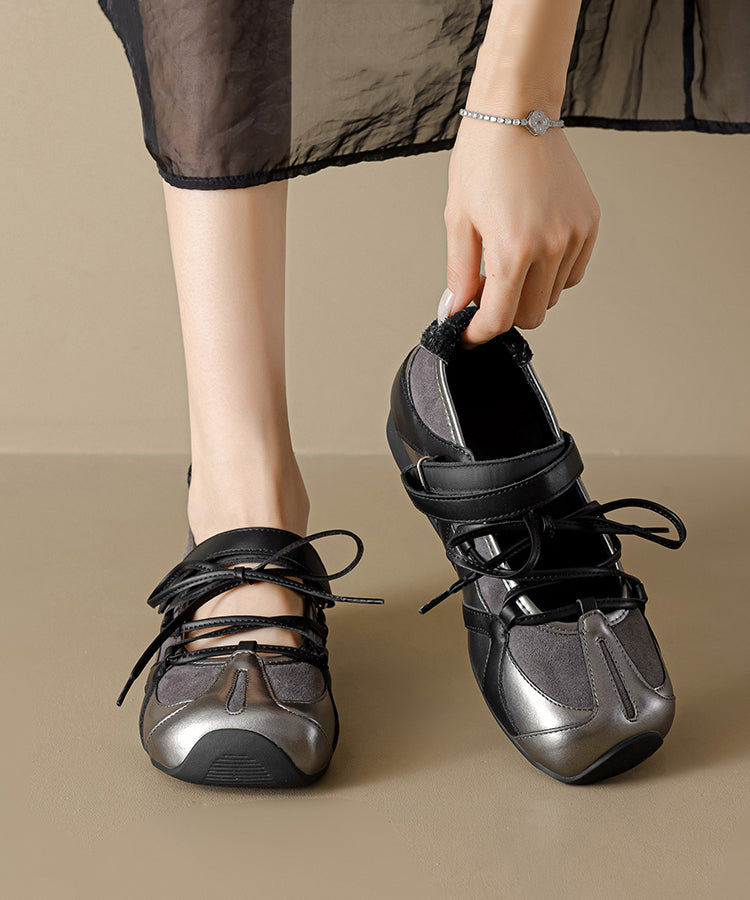Splicing Platform Flat Shoes Black Cowhide Leather Lace Up