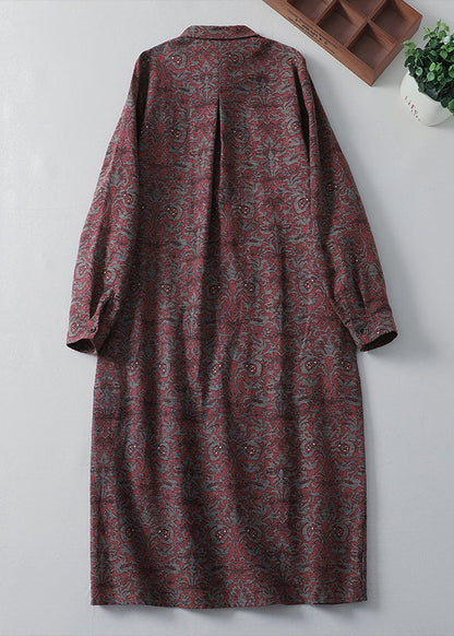 Peter Pan Collar Print Pockets Cotton Shirts Dress Spring