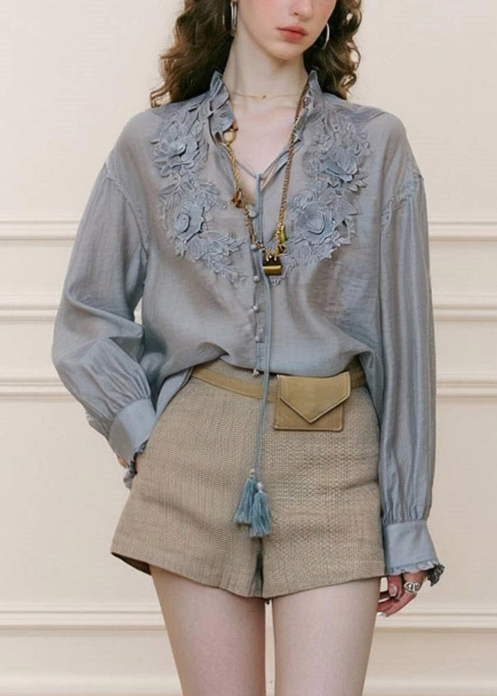 French Smog Blue V Neck Embroidered Shirts Spring