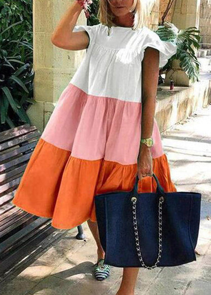 Loose Green O Neck Patchwork Cotton Dresses Summer
