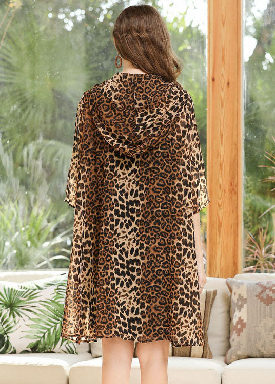 Leopard Chiffon Upf 50+ Cardigan Hooded Pockets Summer