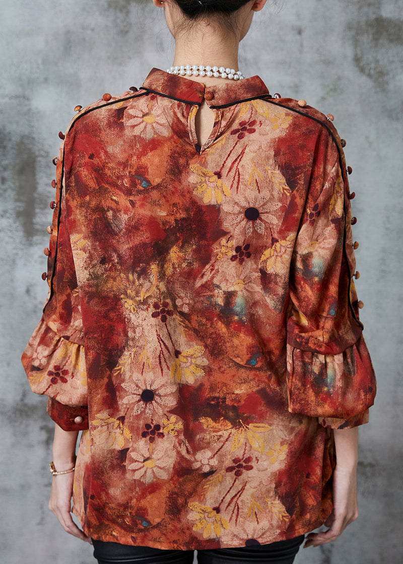 Orange Stand Collar Print Chiffon Blouses Spring