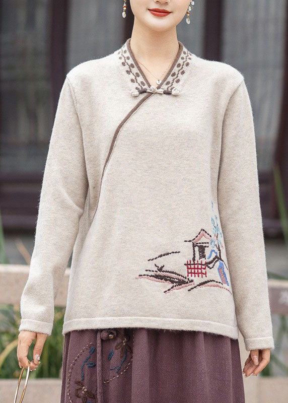 Red V Neck Oriental Button Embroidered Knit Tops Winter