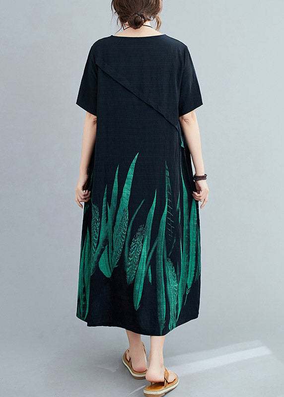 Loose Black O-neck Print Linen Maxi Dress Short Sleeve