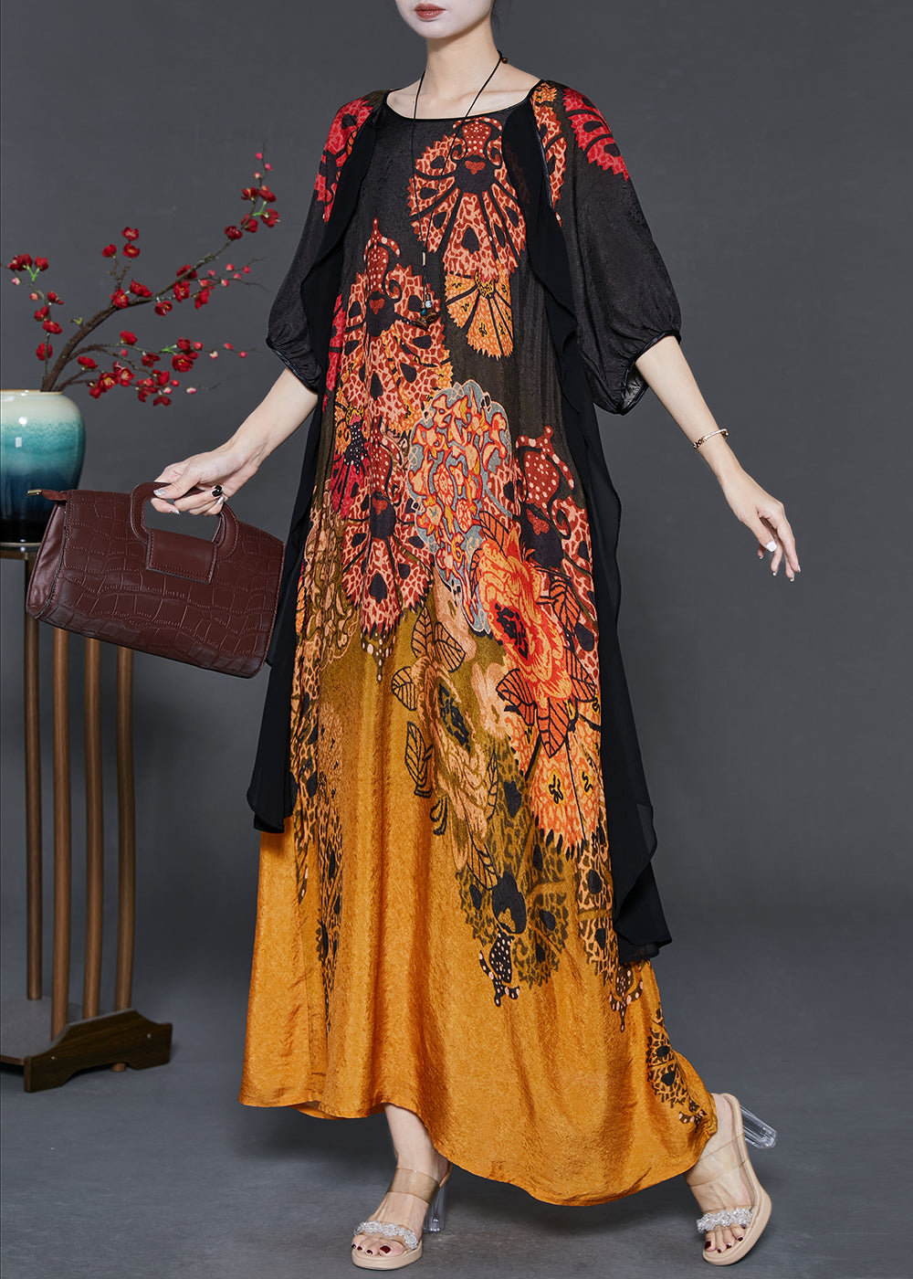 Gradient Color Print Patchwork Silk Long Dress Summer