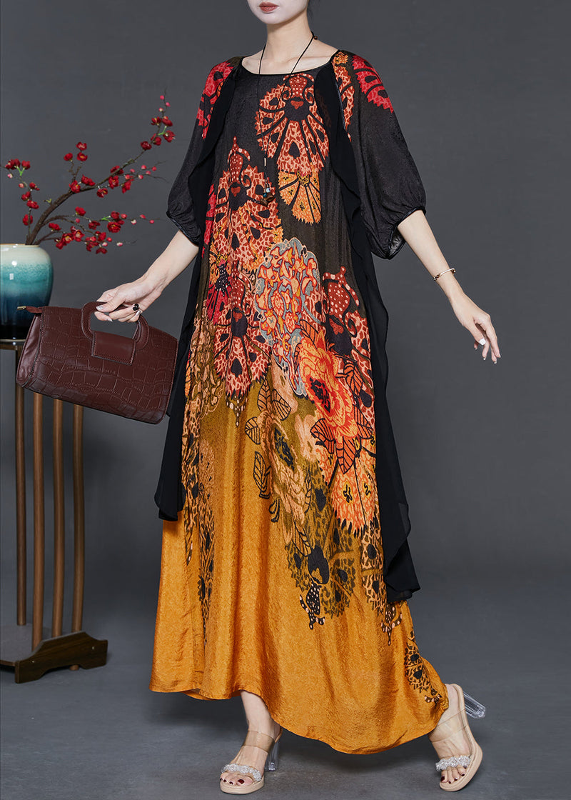 Gradient Color Print Patchwork Silk Long Dress Summer
