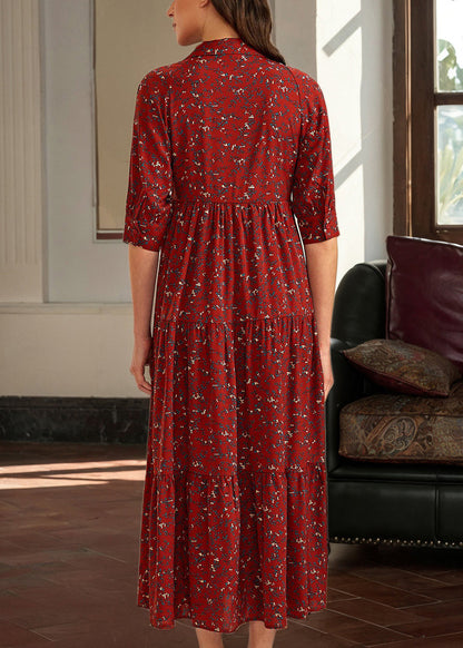 Red Peter Pan Collar Print Cotton Long Dress Half Sleeve