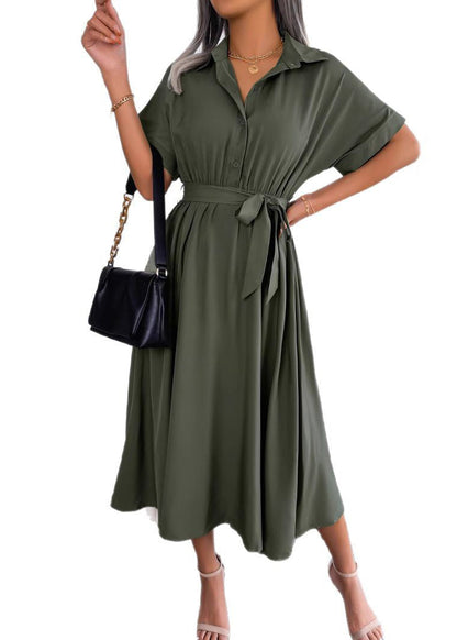 New Army Green Peter Pan Collar Lace Up Chiffon Long Dress Summer
