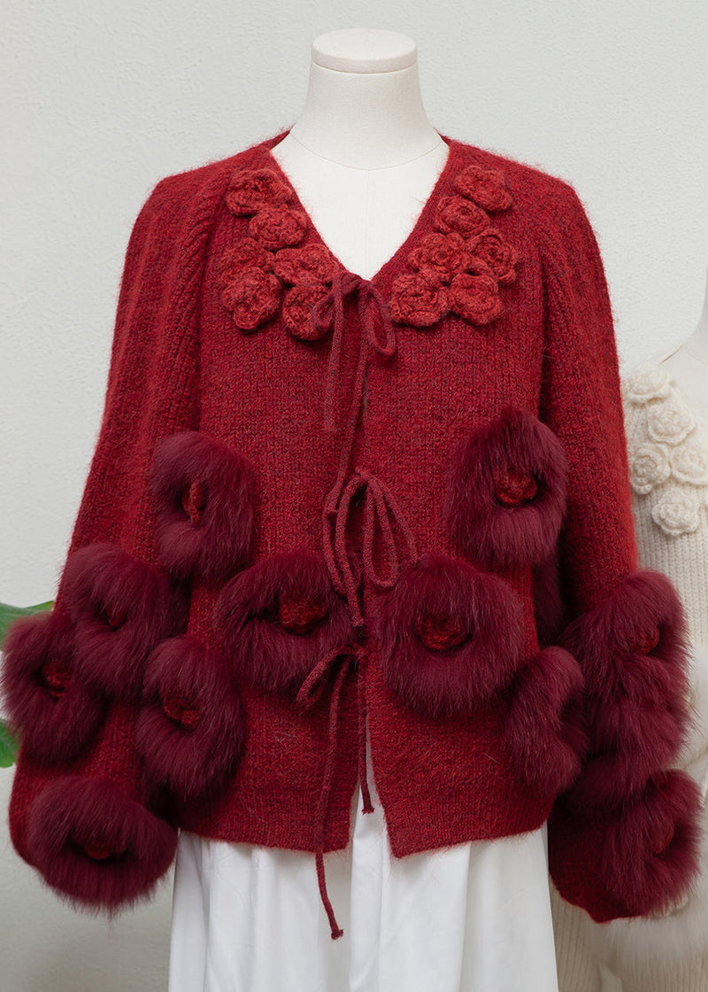 Lantern Red V Neck Tie Waist Mink Hair Knitted Cardigan Long Sleeve