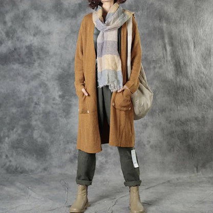 Brick Red Knit Pockets Embroideried Fall Cardigan Long Sleeve