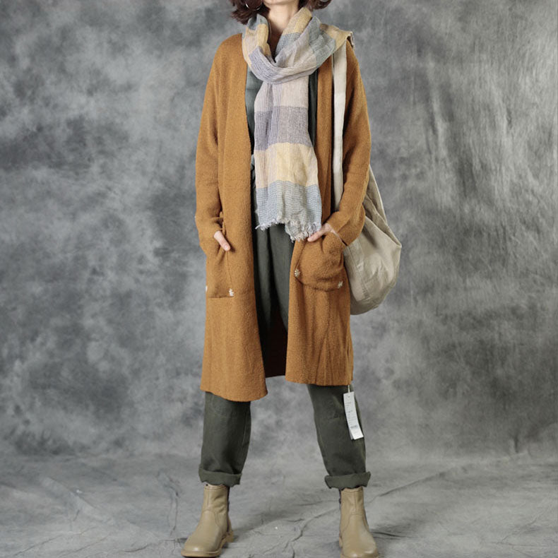 Brick Red Knit Pockets Embroideried Fall Cardigan Long Sleeve