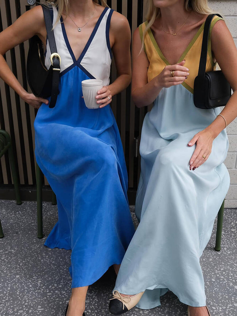 V-neck Contrasting Color Splicing Dress