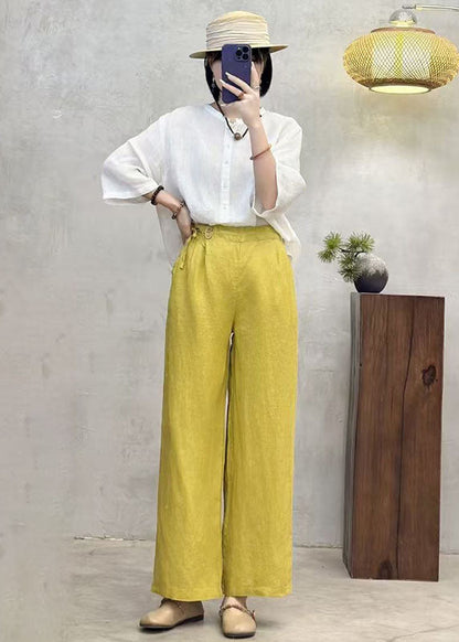 Fitted Yellow Side Tie Waist Linen Straight Pants Summer