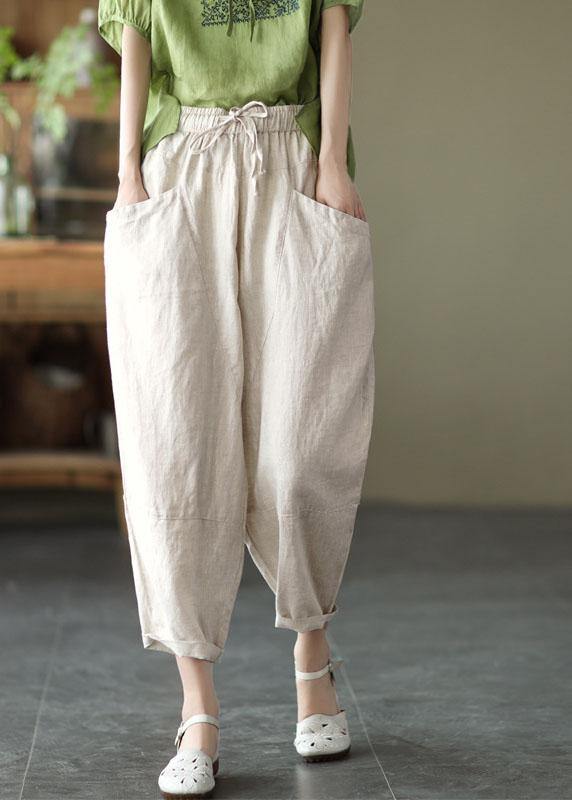 Art Grey Flower Tie Waist Pockets Summer Harem Pants Linen