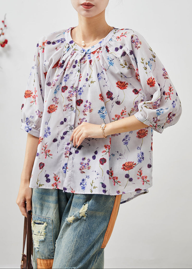 Beige O-neck Print Linen Shirt Half Sleeve
