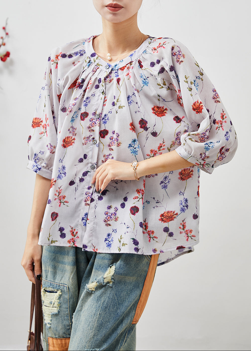 Beige O-neck Print Linen Shirt Half Sleeve