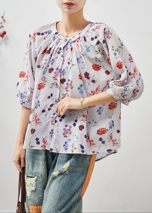 Beige O-neck Print Linen Shirt Half Sleeve