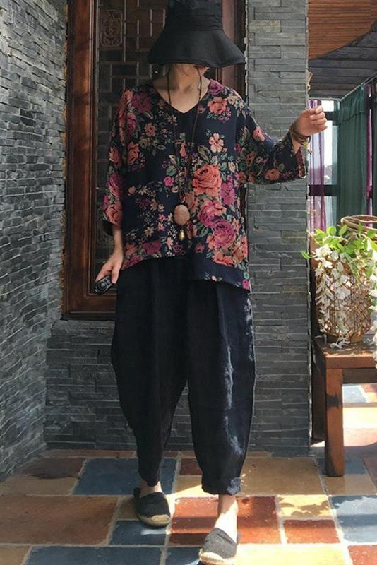 Limited Stock- Print V-neck Long Sleeve Cotton Blouse