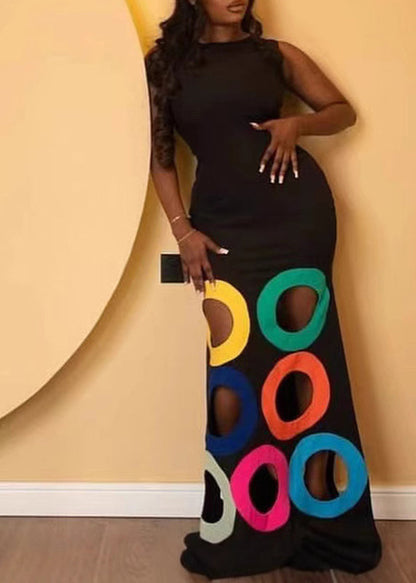 Black O-neck Hollow Out Maxi Dresses Sleeveless