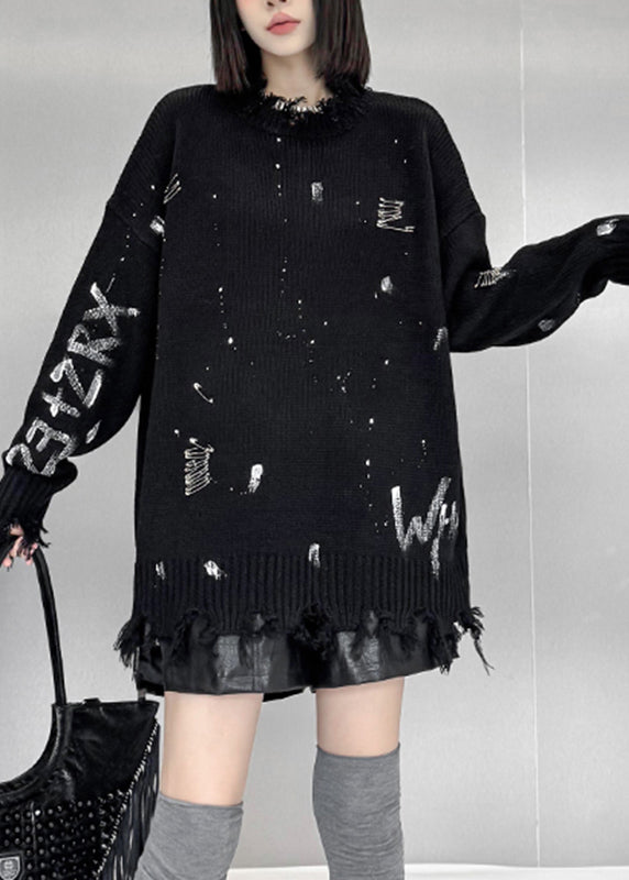 Black Graphic Hole Thick Cotton Knit Sweater Fall