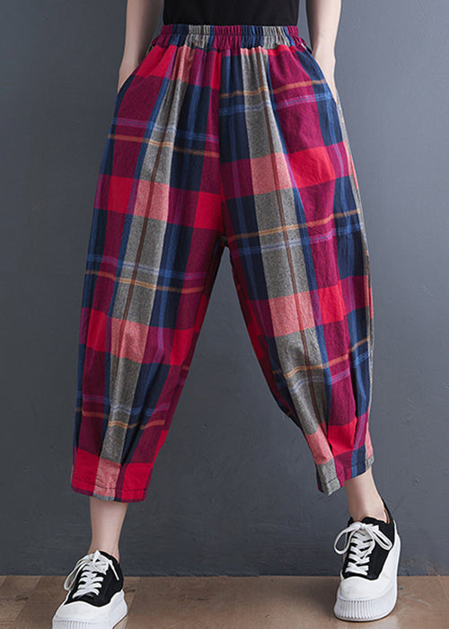 Red Plaid Elastic Waist Cotton Crop Pants Summer