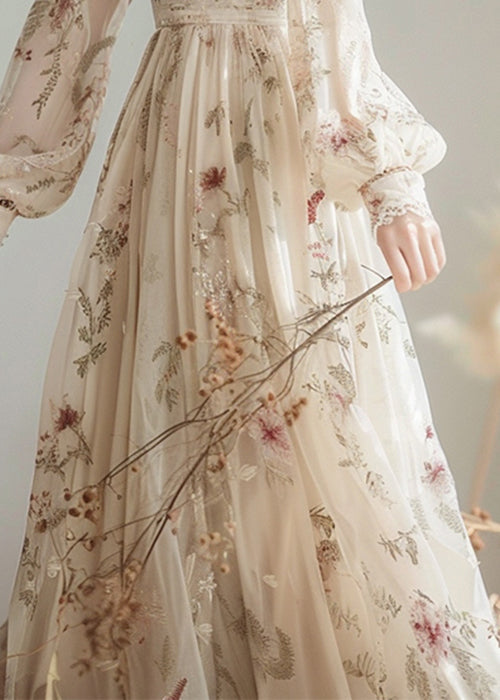 V Neck Print High Waist Chiffon Dress Long Sleeve