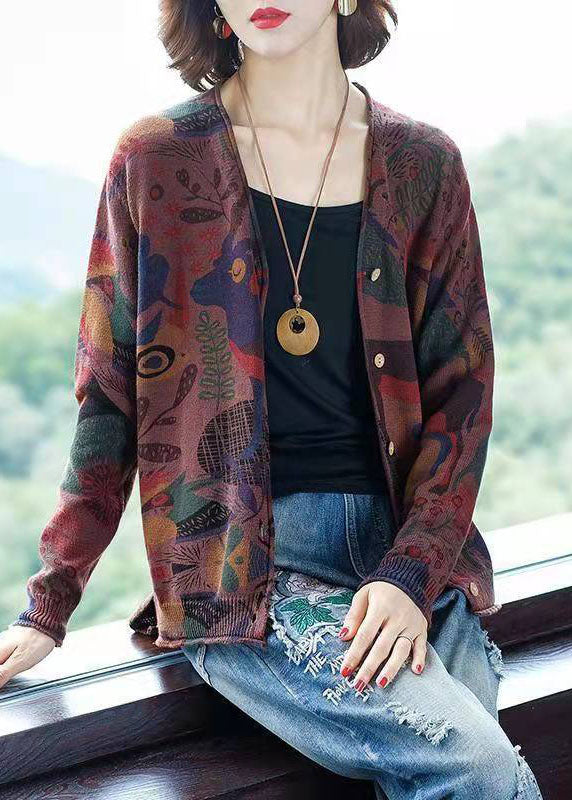 Khaki V Neck Print Button Knit Cardigan Spring