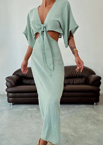 Blue V Neck Hollow Out Cotton Dresses Summer