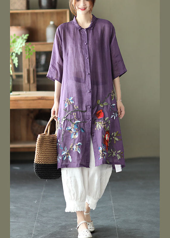 Purple Button Embroidered Fall Shirt Half Sleeve