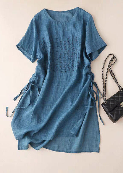 Blue O-neck Embroidered Cotton Dress Short Sleeve