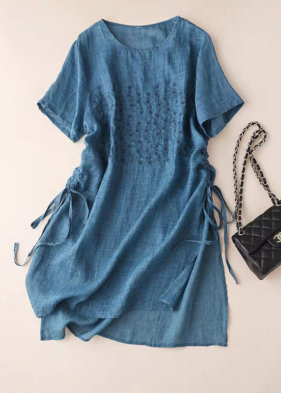 Blue O-neck Embroidered Cotton Dress Short Sleeve