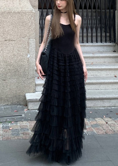 New Black Wrinkled Tulle Spaghetti Strap Dress Sleeveless