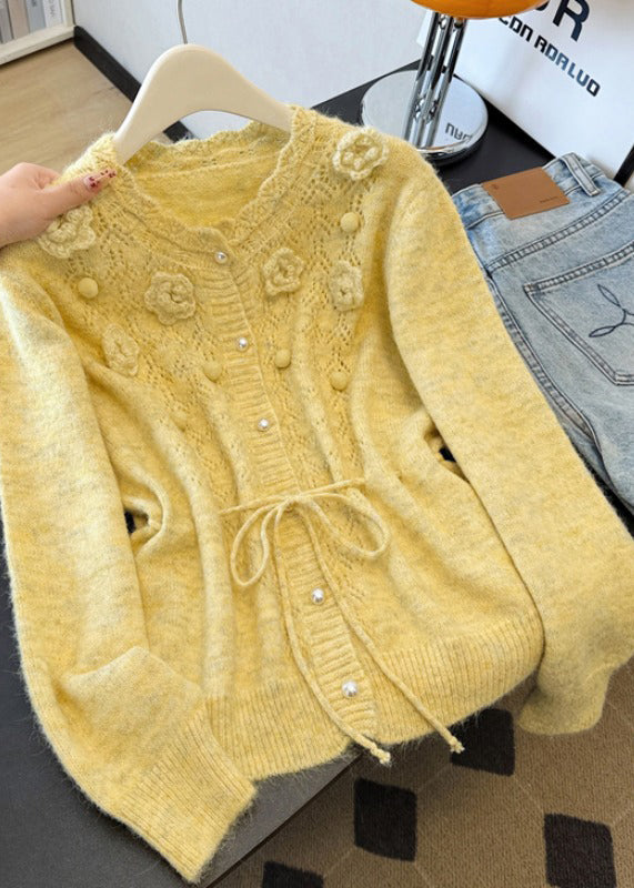 Boutique Yellow Hollow Out Knit Cardigans Spring