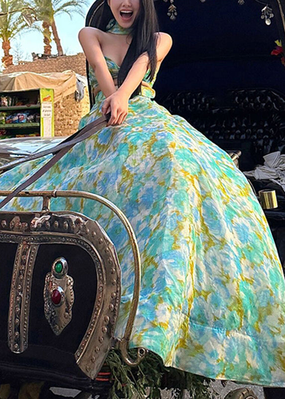 Green Bow Print Top and a Line Skirts Two Pieces Set Summer