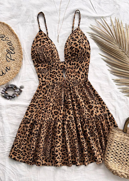 Stylish Leopard Backless Print Cotton Mini Dress Summer
