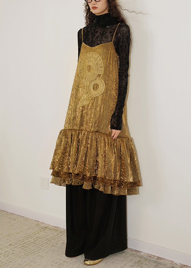Gold Wrinkled Original Design Spaghetti Strap Dress Sleeveless