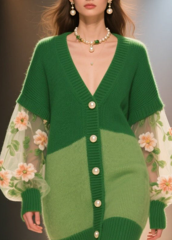Italian Green V Neck Tulle Patchwork Knit Cardigans Fall