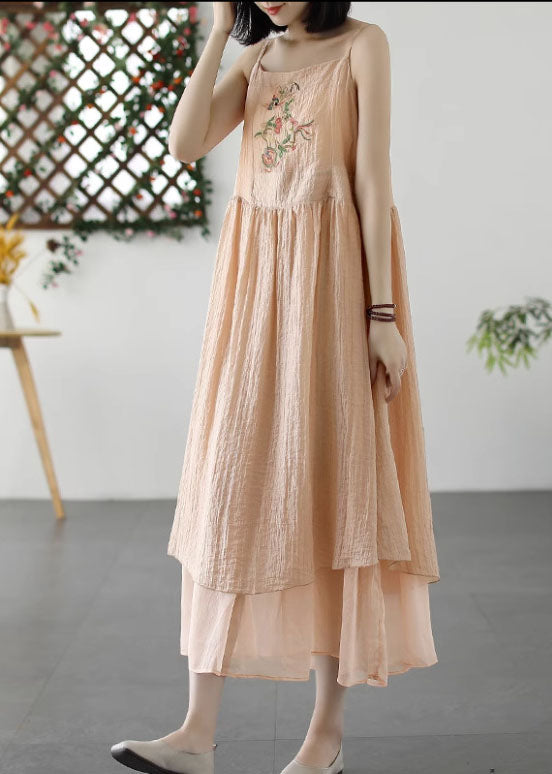 Retro Beige Embroidered Wrinkled Patchwork Long Linen Sundress Summer
