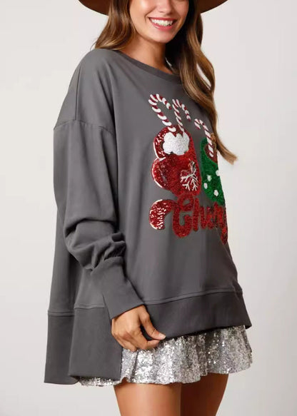 Grey O Neck Sequins Cotton Christmas Sweatshirt Winter