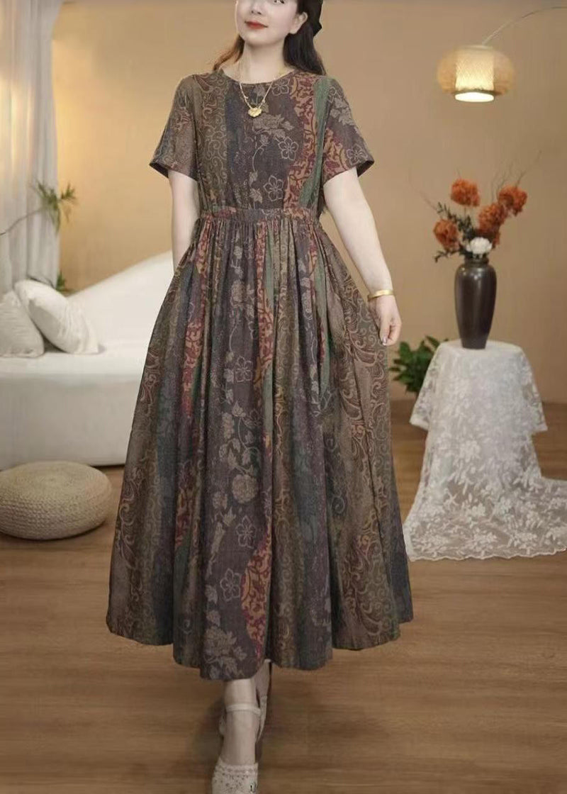 Italian Coffee Cinched Print Cotton Dress Summer