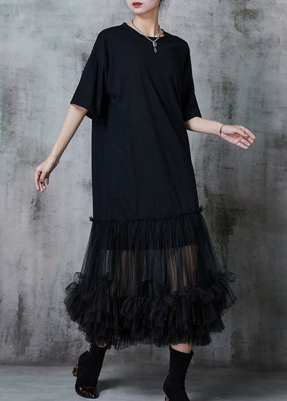 Black Oversized Patchwork Cotton Party Dress Summer