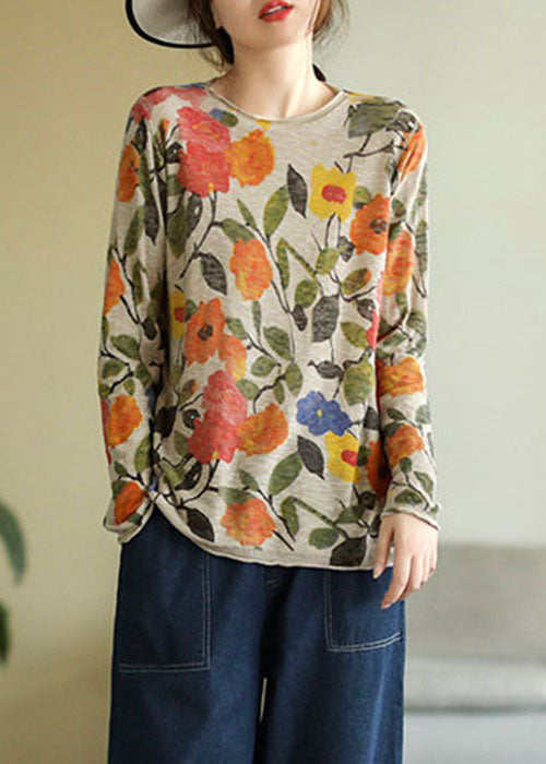 Beige O-neck Print Cotton Knitted Top Long Sleeve