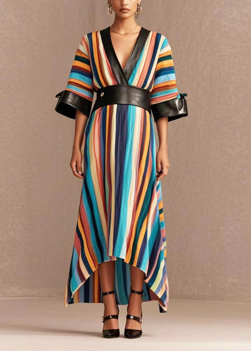 Rainbow Cinched Patchwork Pu Cotton Long Dress Summer