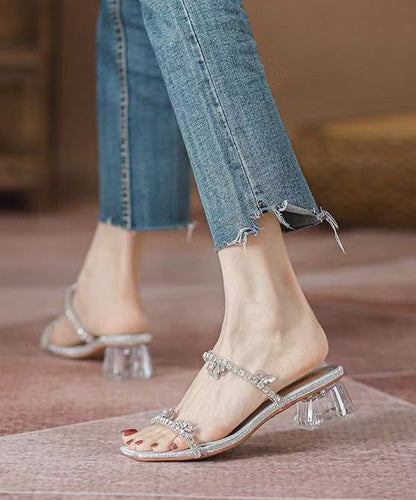 Silver Zircon Peep Toe Chunky Heel Slide Sandals