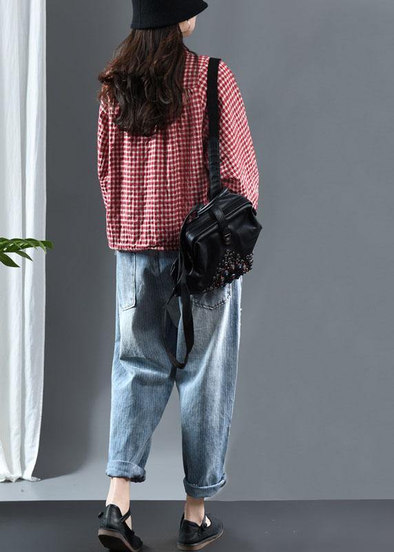 Red Plaid Tie Waist Patchwork Fall Trench Long Sleeve
